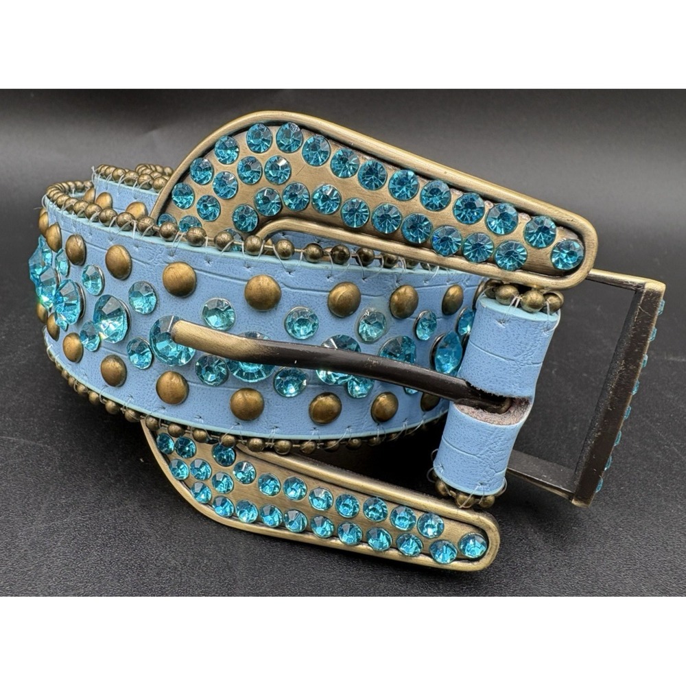 Women's Rhinestone Belt Large Blue Western Leather Studded Turquoise Buckle GUU